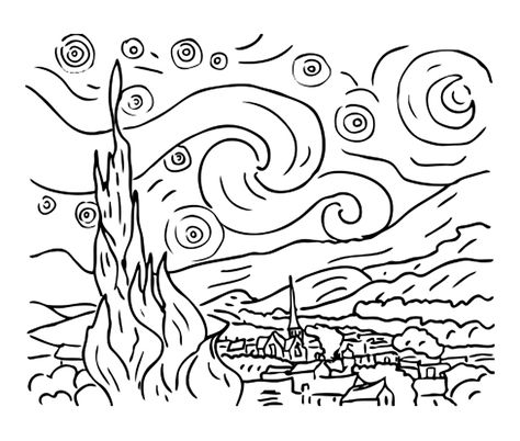 Pour imprimer ce coloriage gratuit «coloriage-van-gogh-nuit-etoilee», cliquez sur l'icône Imprimante situé juste à droite Van Gogh Coloring, فنسنت فان جوخ, 심플한 그림, Arte Van Gogh, Van Gogh Museum, Marc Chagall, Pola Sulam, Van Gogh Art, Starry Night Van Gogh