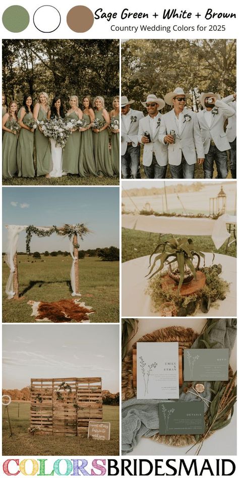 sage green white and brown for country wedding color palettes for 2025, sage green bridesmaid dresses, white bridal gown, white groomsmen suits and navy jeans and white hats, brown wooden wedding arch, wedding ceremony backdrop, stump of wedding centerpieces, sage green wedding invitations. #weddingcolors #weddingideas #countryweddings #rusticweddings #colsbm #2025 #bridesmaiddresses #sagewedding #sagegreenweddings #sagegreenwhiteandbrown Centerpieces Sage Green, White Groomsmen Suits, Sage Green Wedding Invitations, Arch Wedding Ceremony, Wooden Wedding Arch, Country Wedding Colors, Rustic Green Wedding, Country Wedding Bridesmaids, Brown Wedding Themes