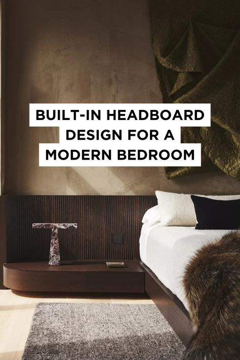 Even when built-in headboards include nightstand storage, it doesn't have to encourage clutter. This design by Studio Todd Raymond is effortlessly sleek, including storage but in a way that's perfect for a minimalist bedroom. Wall Mounted Headboard With Nightstands, Built In Nightstand, Headboard With Nightstand, Built In Headboard, Moody House, Wall Mounted Headboards, Narrow Shelves, Headboard Ideas, Headboard Design