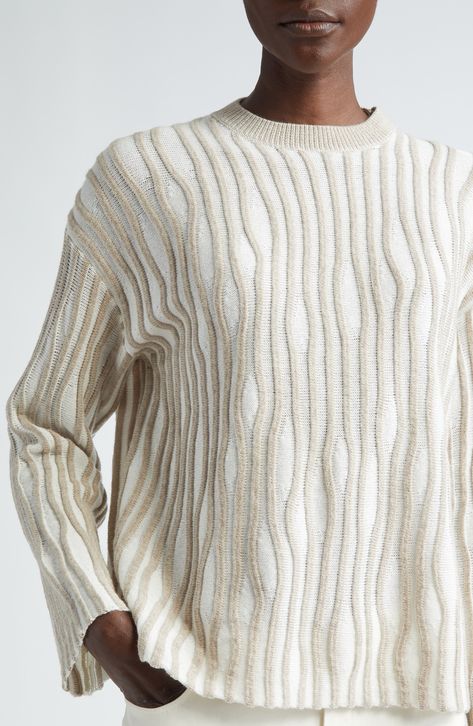 Textured rivulets stripe this relaxed-fit sweater knit from a cashmere- and silk-enriched cotton blend for comfort you'll never tire of. 23 1/2" length (size Medium) Crewneck Long sleeves Dropped shoulders 60% cotton, 20% cashmere, 20% silk Hand wash, dry flat Imported Designer Clothing Knitting Inspiration Sweater, Sweater With Stripes, Knitwear Sweaters, Textured Sweater, Knitwear Men, Textured Knit, Fitted Sweater, Sweater Knit, Knitting Inspiration