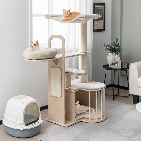 PRICES MAY VARY. 【Fun & Cozy Cats Activity Center:】This 55" tall cat tree features a warm top hammock, side perch with ultra-soft plush cushion, comfy jumping platforms and spacious condo with soft mat & wooden fence, offering large space for your cats to rest, eat and play. 【Selected Material & Sturdy Structure:】Made of multilayer solid wood composite board and natural & scratch-resistant sisal ropes, this cat tower ensures high stability and safety. Plus, the stable base with anti-slip footpad Wooden Cat Tree, Cat Tree House, Modern Cat Tree, Washable Pads, Cat Tree Condo, Activity Center, Wood Cat, Level Design, Cat Condo