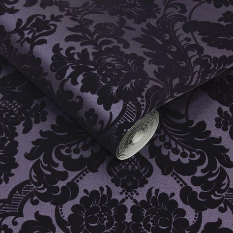 Gothic Damask Plum contrasts an opulent flock design with an equally luscious color palette. A raised pattern is created by sprinkling powdered wool and a shimmer plum backdrop is added that lends itself to promote a classic and sleek look. This wallpaper is beautifully metallic and rich in pattern resulting in a sophisticated look. Plum Wallpaper, Gothic Decor Bedroom, Flock Wallpaper, Purple Gothic, Gothic Bedroom, Purple Bedroom, Gothic Wallpaper, Dark Home Decor, Goth Home