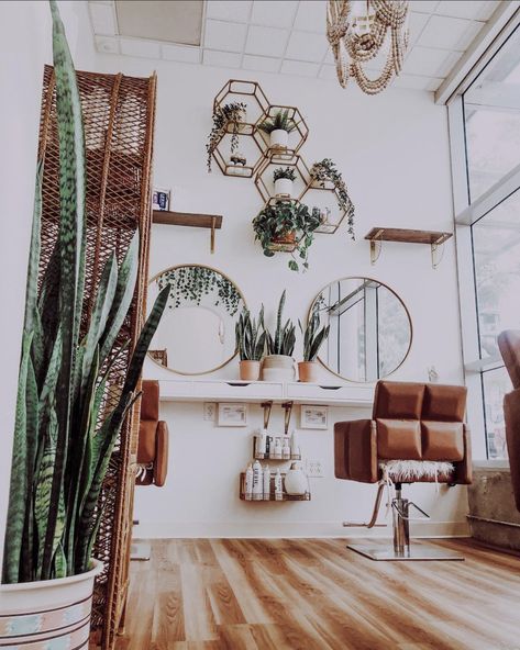 Salon Suite Decor Studios, Shed Salon Ideas, Boho Salon Suite, Small Salon Suite Ideas, Boho Hair Salon, Salon Colors, Salon Suite Decor, Vintage Hair Salons, Small Salon