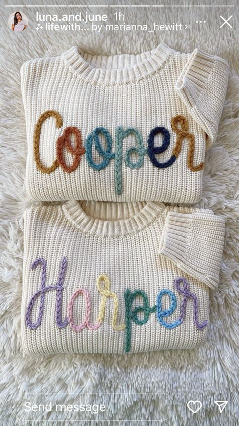 Embroidery Sweater Diy, Hand Embroidery Letters, Hand Embroidered Name, Basic Hand Embroidery Stitches, Clothes Embroidery Diy, Embroidery Sweater, Embroidered Name, 2 Birthday, Baby Embroidery