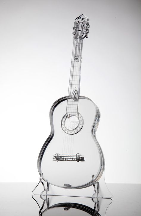 Acrylic Glass model Classical, (nylon-stringed.), guitar, w/ stand. - unique. Would make a nice piece of furniture. Clear Guitar Aesthetic, Glass Guitar Aesthetic, Guitar Unique, Glass Instruments, Clear Guitar, Custom Classical Guitar, Glass Guitar, Guitar Metal, Gift For Musician