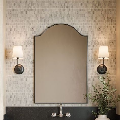 Bedrosians Tile on Instagram: "Elevate your space with the classic look of a herringbone pattern with the added layer of texture in our Montana collection! Link in profile  • Backsplash: Monet Marble Mosaic 7 in White Carrara  • Floor Tiles: Montana 2.5x10 in Big Sky  • Countertops: Absolute Black Granite   #bedrosians #bricktile #bathroom #bathroomideas #bathroomdesign #powderbath #designinspo #interiordesignideas #darktile #moodybathroom" Monet Marble, Moody Bathroom, Bedrosians Tile, Granite Bathroom, Absolute Black Granite, Dark Tile, Mosaic Tile Backsplash, Power Room, Brick Tiles