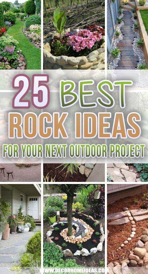 Best Rock Ideas For Your Next Outdoor Projects. Get inspired with these awesome rock ideas for your next outdoor project. Make your garden more appealing by adding some rocks and boulders. #decorhomeideas Landscaping Rocks Ideas, Rock Designs For Gardens, Yard Ideas With Rocks, Outside Rock Landscaping, How To Stack Rocks For Landscaping, Small Rock Gardens With Plants, Rocky Yard Landscaping, Rock Flower Walkway, Ideas For Large Rocks In Yard