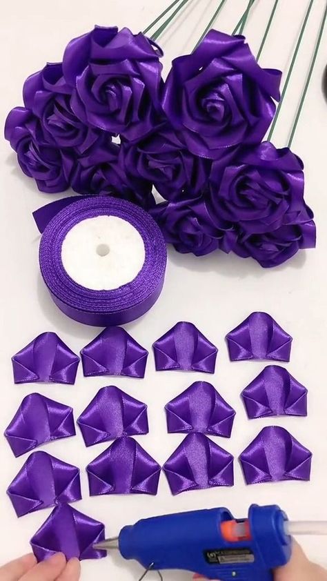 ribbon rose for you #handmade #craft #foryou #DIY #rose #beauty #purple😍🌷🌹🌺🌸😍👍👍 | DIYGlobal | The K Club · Can't Decide (feat. Jacquire King, Stephan Sharp) Ribbon Arts And Crafts, Purple Ribbon Flower Bouquet, Ribbon Roses Bouquet For Boys, Purple Ribbon Flowers, Purple Birthday Gifts, How To Make Rose With Ribbon, Roban Flower, Purple Ribbon Bouquet, Ribbon Bouquet Diy