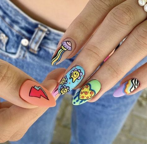 Summer Nails Art Designs, Summer Nails Art, Disney Acrylic Nails, Alien Party, Nails Art Designs, Bright Summer Nails, Hippie Nails, Colorful Nail, Pretty Nail Art