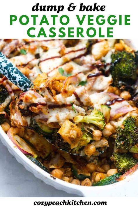 This dump & bake potato veggie casserole is packed with fresh vegetables, roasted potatoes, and a delicious seasoning blend. This recipe is great for weeknight dinners! Veggie Potato Casserole, Potato And Veggie Bake, Potato And Veggies Recipes, Vegan Dump Dinners, Vegetable Potato Bake, Vegan Veggie Casserole, Potato And Vegetable Casserole, Vegetarian Potato Casserole, Potato And Vegetable Recipes