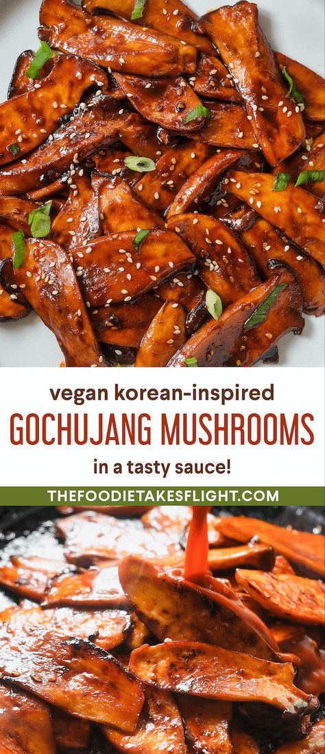 Gochujang Mushrooms, Trumpet Mushrooms Recipe, Vegan Gochujang, King Oyster Mushroom Recipe, King Mushroom, Oyster Mushroom Recipe, Korean Vegan, King Oyster Mushrooms, Vegetable Pancakes