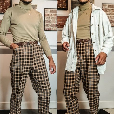 Male Art Teacher Outfits, Brown Checkered Pants Outfit, Checkered Pants Outfit Men, Cottagecore Male Outfits, Male Teacher Outfits, Outfit Edits, Checkered Pants Outfit, 80s Style Outfits, Aesthetic Outfits Plus Size