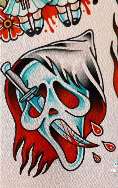 Harley Traditional Tattoo, Ghost Face American Traditional Tattoo, Horror Movie American Traditional Tattoo, American Traditional Ghostface Tattoo, Ghostface Traditional Tattoo, Old School Horror Tattoo, Traditional Tattoos Horror, Horror American Traditional Tattoo, Horror Movie Tattoo Designs