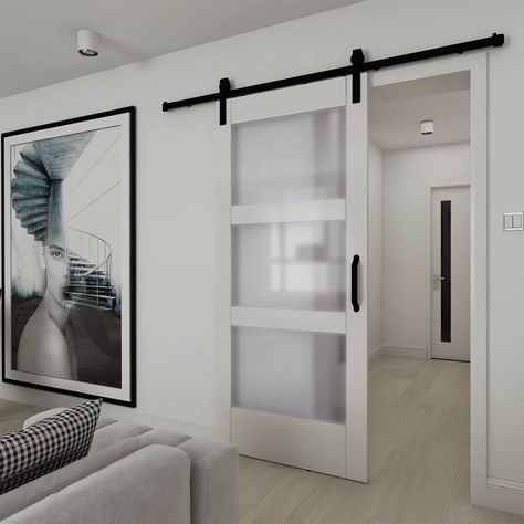 Colonial Elegance Glass Barn Door without Installation Hardware Kit & Reviews | Wayfair Barn Doors With Glass Panels, Frosted Glass Barn Door, Glass Barn Doors Interior, Mirror Barn Door, Sliding Glass Barn Doors, Glass Barn Door, White Barn Door, Frosted Glass Door, Glass Barn Doors