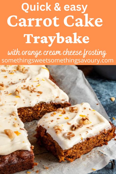 A carrot cake traybake with cream cheese frosting. Carrot Cake Slice Recipe, Carrot Tray Bake, Easy Carrot Cake Recipe Uk, Carrot Cake Recipe Uk, Easy Sweet Traybakes, Easy Tray Bakes Cakes, Vegan Tray Bake Cake, Tray Bakes Recipes, Carrot Cake Tray Bake