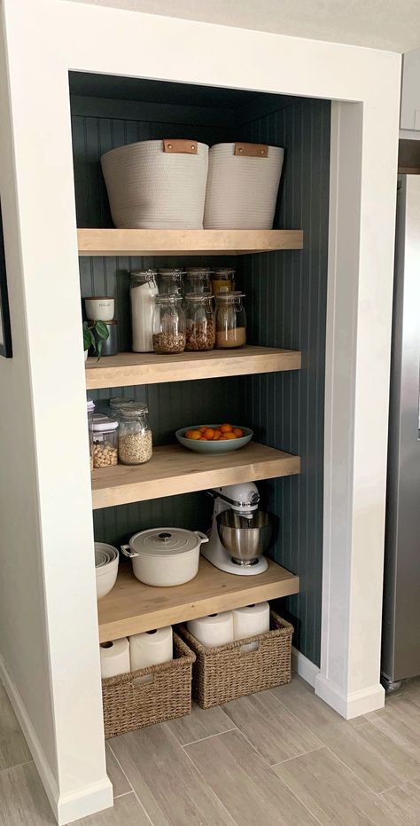 [AffiliateLink] 70 Impressive Small Open Shelves Kitchen Pantry Recommendations To Learn More Right Now #smallopenshelveskitchenpantry Pantry Space In Small Kitchen, Wooden Shelf Pantry, Pantry Nook Ideas, Small Open Pantry, Pantry With No Door, Small Pantry Closet Design, Wooden Pantry Shelves, Small Pantry Remodel, Small Closet Pantry Ideas