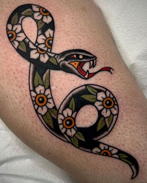 Americana Snake Tattoo, Snake Tattoo Colorful, Taurus Tattoo Traditional, Traditional Style Snake Tattoo, Vertical Traditional Tattoo, Knee Tattoo American Traditional, American Traditional Wrist Tattoo, Witchy Traditional Tattoo, Slang Tattoo