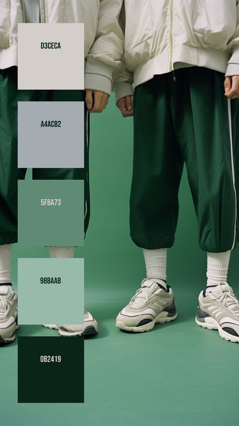 Colors:
D3CECA ° A4ACB2 ° 5F8A73 ° 98BAAB ° 0B2419 Green Track Pants, White Jackets, Off White Sneakers, Color Coordination, Branding Resources, Green Backdrops, White Socks, White Jacket, Coordinating Colors