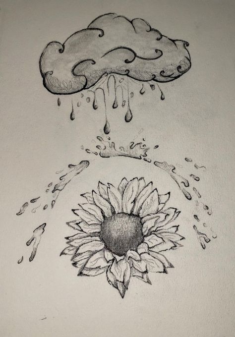 a piece I did for a friend #sunflower #flower #rain #summerrain #sun #protectionfromharm Flowers In Rain Tattoo, Storm And Flowers Tattoo, Rain Cloud And Flowers Tattoo, Sun Peeking Through Clouds Tattoo, Cloud And Flower Tattoo, Rain Tattoo Ideas Storms, Rain Flower Tattoo, Sun After Rain Tattoo, Rain And Flowers Tattoo