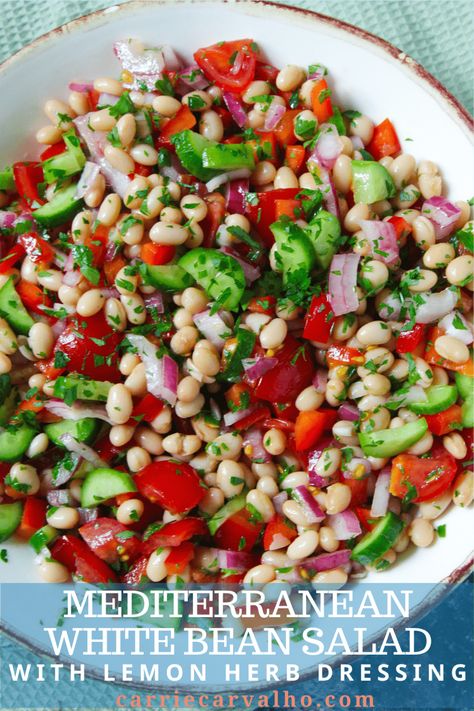 Mediterranean White Bean Salad - Quick, easy and healthy #whitebeansalad #Mediterraneansalad #sidesalad #summerrecipe #beansalad via @carriecarvalhoblog Quick Pasta Salad, White Bean Salad Recipes, Dry Beans Recipe, Healthy Lunch Salad, Mediterranean Diet Food List, Mediterranean Diet Recipes Dinners, Lunch Salad, White Bean Salad, Bean Salad Recipes