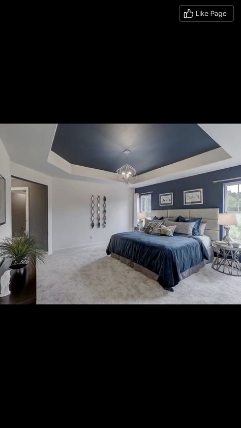 Navy Blue Tray Ceiling, Navy Bedroom Ceiling, Navy Blue Walls And Ceiling, Dark Tray Ceiling Bedroom, Tray Ceiling Paint Ideas Bedroom Master Suite, Navy Blue Ceiling Bedroom, Tre Ceiling Paint Ideas, Bedroom Cream Carpet, Dark Blue Ceiling Bedroom