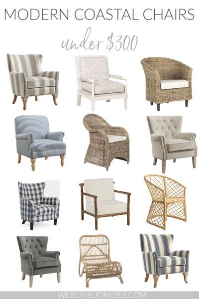 Modern coastal chair ideas under $300! Affordable beach house accent chairs for your modern coastal living room, bedroom, and dining room. Coastal style furniture is the hot new trend in home design - and can be budget friendly too! #moderncoastal #coastalchairs #accentchair #armchair #coastalfurniture #coastalstyle #beachhouse #coastalfarmhouse werethejoneses.com Dining Room Coastal Style, Dining Room Coastal, Beach House Chairs, Coastal Chairs, Modern Coastal Living Room, Coastal Style Furniture, Beach House Furniture, Deco Marine, Modern Coastal Decor