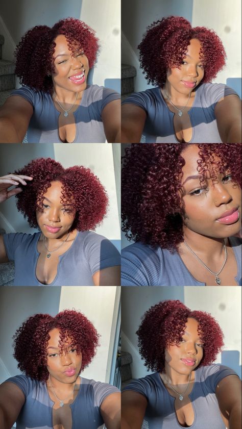 Cherry Red 4c Hair, Types Of Dyed Hair, Red Hair Dye On Black Hair, Dark Red Hair Color Black Women, Red Hair 4c, Red Afro Hair Natural 4c, Dark Red Afro, Dyed Hair 4c, Burgundy Natural Hair Black Women