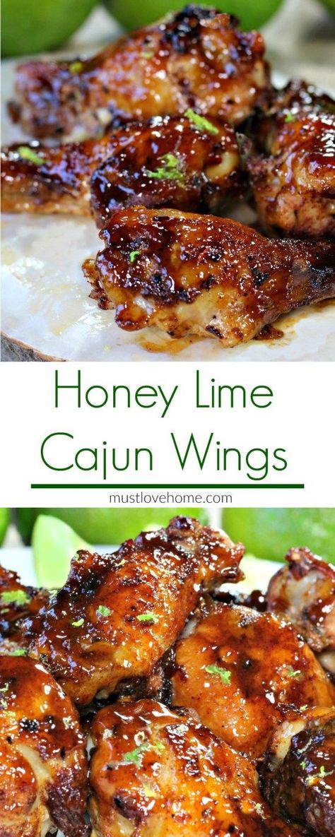 Cajun Honey Lime Chicken Wings Recipe | Made with barbecue sauce, honey and fresh lime. Cajun Wings, Lime Chicken Wings, Honey Lime Chicken, Ayam Bakar, Wings Recipe, Honey Lime, Lime Chicken, Think Food, Cajun Recipes