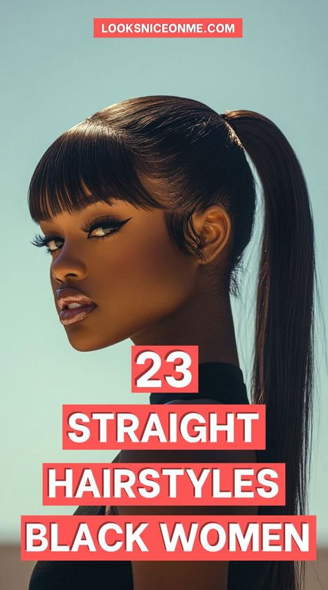 Achieve a flawless, straight look with these hairstyles designed for Black women. From blunt cuts to layered lengths, find a style that suits you best! #StraightStyles #HairIdeas #GlamHair Medium Length Hairstyles Black Women, Natural Straight Hairstyles Black Women, Black Straight Hairstyles, Straight Hairstyles For Black Women, Elegant Straight Hairstyles, Straight Updo, Straight Hairstyle, Natural Straight Hair, Straight Ponytail