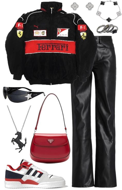 Ferrari Jacket Outfit, Jeans Polyvore, Vintage Racing Jacket, Race Outfit, Nyc Fits, Race Day Outfits, Jacket Outfit Women, Quick Outfits, Simple Trendy Outfits