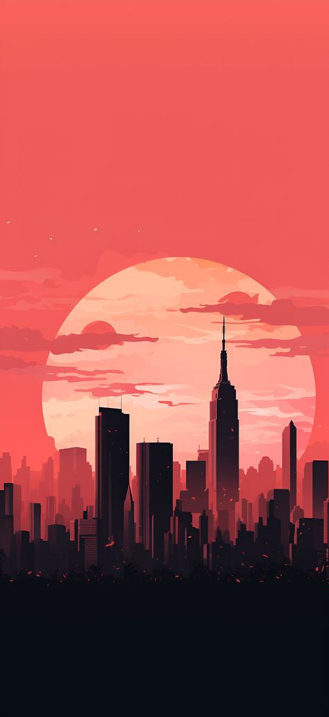 A minimalist aesthetic New York City skyline wallpaper with vibrant coral hues, creating a lively and contemporary backdrop for an iPhone or Android device. New York Skyline Silhouette, New York City Wallpaper, Minimalist Backgrounds, Nice Backgrounds, Aesthetic New York City, Wallpapers 4k Hd, Aesthetic New York, Cityscape Wallpaper, Simplistic Wallpaper