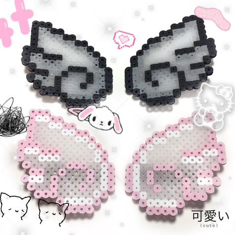 Angel wing Kandi hair clips Iron Beads Pattern Hello Kitty, Hello Kitty Beaded Patterns, Perler Bead Hair Clip, Aesthetic Perler Beads, Pastel Kandi, Bead Jewelry Patterns, Bead Patterns Free, Diy Hairclips, Perler Bead Crafts