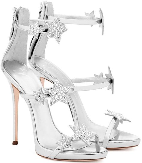 Giuseppe Zanotti 'Harmony Star' mirrored silver sandal with three straps and stars Giuseppe Zanotti Heels, Star Silver, Crystal Sandals, Designer High Heels, Evening Sandals, Pumps Heels Stilettos, Silver Sandals, Super High Heels, Stiletto Shoes