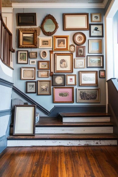 "Add a touch of nostalgia to your home with a DIY Vintage Frame Gallery Wall! 🖼️✨ Perfect for displaying cherished memories and vintage artwork. 🌟✨ #GalleryWall #VintageDecor #DIYProjects" Vintage Photo Frame Wall, Thrifted Gallery Wall Ideas, Vintage Frame Gallery Wall, Vintage Family Photo Gallery Wall, Thrifted Frames Gallery Wall, Vintage Gallery Wall Staircase, Gallery Wall Gold, Gallery Wall Thrifted Frames, Thrifted Photo Frame Wall