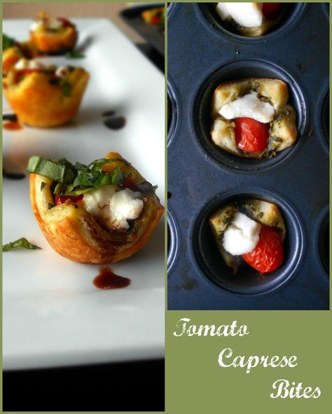 A super fun way to make Tomato Caprese.  Use Puff Pastry and mini muffin pans. Caprese Puff Pastry, Caprese Salad Bites, Puff Pastry Bites, Salad Bites, Pastry Bites, Caprese Bites, Tomato Caprese, Vegetarian Comfort Food, Bite Size Appetizers