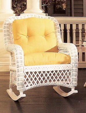 This wicker rocker from Wicker Outlet would make the perfect addition to a farmhouse porch. Wicker Rocker, Yellow Cottage, Wicker Headboard, Painted Wicker, Wicker Planter, Modern Patio Furniture, Sectional Furniture, Yellow Cushions, Roche Bobois