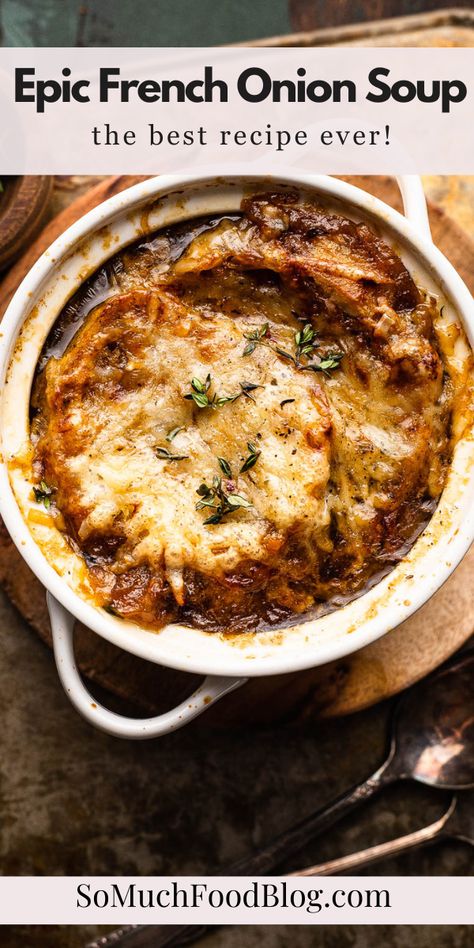 French Onion Soup is without a doubt one of the most comforting and delicious soups out there. If you’ve ever wanted to make restaurant-quality French Onion Soup from scratch, this is your recipe. Homemade French Onion Soup, Best French Onion Soup, So Much Food, French Soup, Delicious Soups, French Onion Soup Recipe, Onion Soup Recipes, French Onion Soup, Homemade Soup