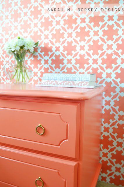 Dresser painted in Ardent Coral Sherwin Williams.  Sarah M. Dorsey Designs Coral Painted Furniture, Coral Dresser, Coral Paint Colors, Coral Pantone, Painted Furniture Colors, Perfect Paint Color, Best Paint Colors, Painting Furniture, Furniture Painting