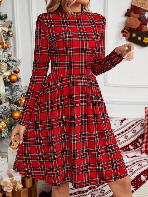 SHEIN LUNE Tartan Print Mock Neck Dress | SHEIN USA Plaid Christmas Dress, Red Plaid Dress, Holiday Attire, Dress Christmas, Mock Neck Dress, Long Sleeve Shift Dress, Christmas Style, Aline Dress, Solid Color Dress