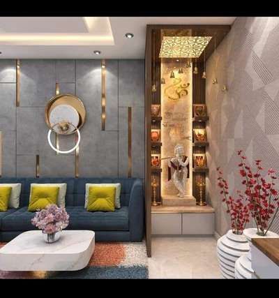 Living Room With Puja Unit, Temple In Living Room Ideas, Puja Ghar In Living Room, Temple Design In Living Room, Pooja Room Design In Living Room, Small Hall Designs For Home, Puja In Living Room, Living Room With Mandir Designs, Small Temple In Living Room