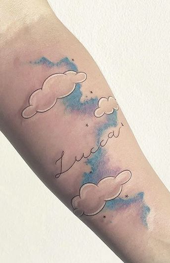 Watercolor Clouds Tattoo Clouds Tattoo Anime, Purple Cloud Tattoo, Cloud Tattoo Ideas Female, Cloud And Bird Tattoo, Watercolor Sky Tattoo, Colorful Cloud Tattoo, Cloud Tattoo Color, Shaded Cloud Tattoo, Blue Cloud Tattoo