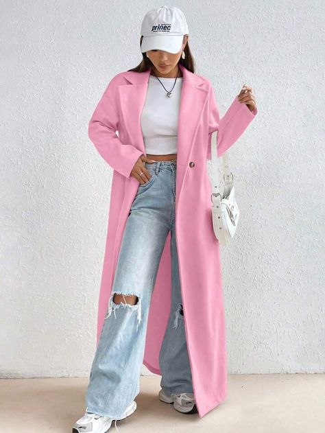 Collar Neck Long Sleeve Overcoat | SHEIN USA Pink Trench Coat, Trench Coat Outfit, Women Overcoat, Collar Neck, Coat Outfits, Boss Lady, Long Coat, Women Clothing, Trench Coat