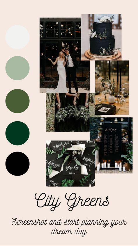 Dark Green Black Wedding Theme, Black Color Theme Wedding, Black White Green Wood Wedding, Dark Emerald Green Wedding Color Schemes, Dark Green Eucalyptus Wedding, Black White Brown Green Wedding, Green Black Silver Wedding, Moody Green Wedding Theme, Black And White Moody Wedding