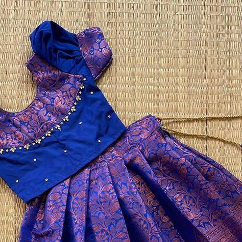 Pattu Pavadai Design, Pattu Pavadai Back Neck Design, Blue Colour Dress Design, Neck Designs For Pattu Pavadai, Baby Blouse Designs, Pattu Pavadai, Pattu Langa Blouse Designs, Pattu Pavadai Sattai Designs, Baby Pattu Langa Designs