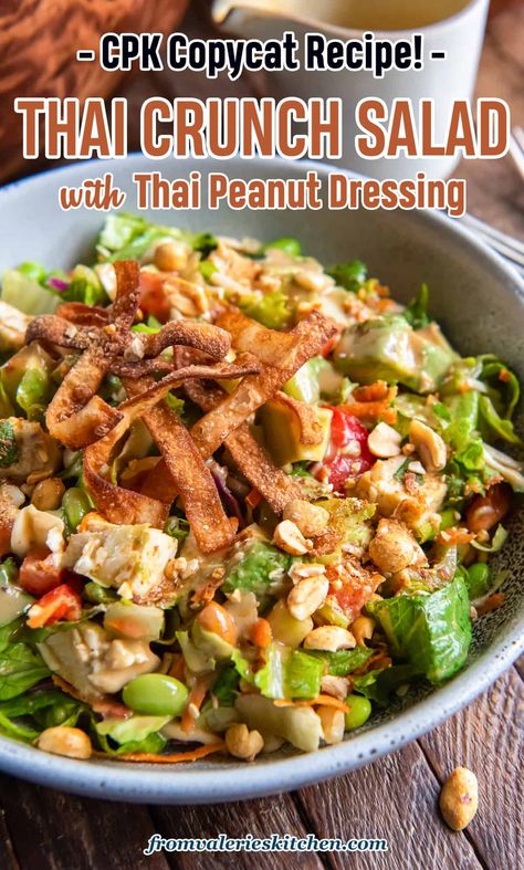 This Thai Crunch Salad recipe was inspired by the totally crave-worthy salad at California Pizza Kitchen. It's loaded with chicken, crunchy veggies and topped with a Thai peanut salad dressing and crispy wonton strips. Thai Peanut Chicken Crunch Salad, Crispy Asian Salad, Thai Crunch Salad With Peanut Dressing, Asian Chicken Crunch Salad, Wonton Salad Recipe, Asian Salad With Peanut Dressing, Peanut Salad Dressing, Asian Salad Ideas, Thai Cabbage Salad