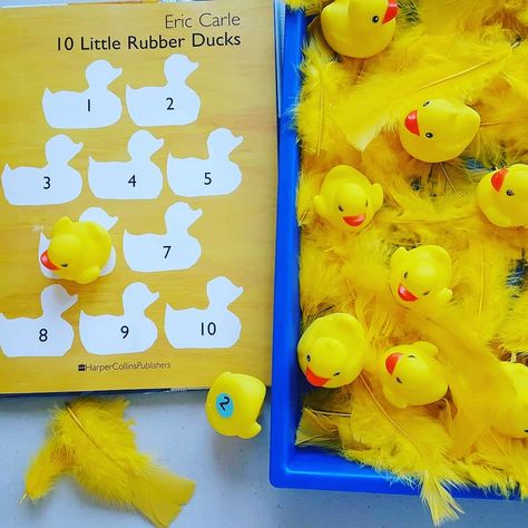 Practicing counting with rubber ducks #preschoolmath #numberrecognition #ericcarle D Is For Duck Preschool, Rubber Duck Sensory Bin, 10 Little Rubber Ducks Activities, Sensory Stations, Alphabet Adventure, Eric Carle Activities, Number Recognition Activities, Book Play, Duck Crafts