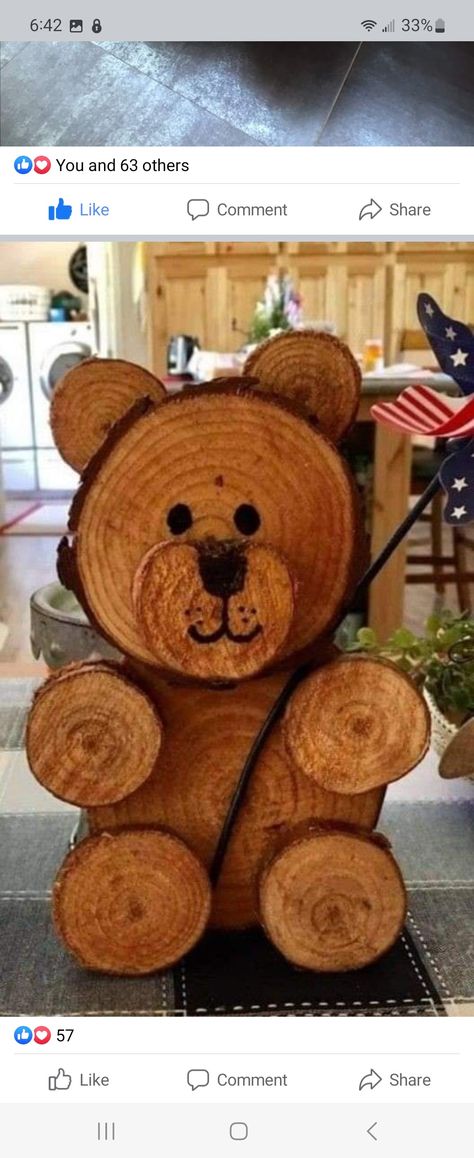 Wooden Christmas Bears, Tree Stump Crafts Wood Slices, Wood Crafts From Tree Logs, Wood Slice Animals, Wood Bear Crafts, Diy Bear Decor, Round Wood Slices Ideas, Wood Slabs Ideas Tree Slices, Wood Animals Diy