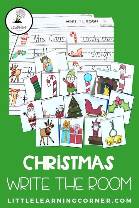 Christmas write the room vocabulary and picture cards along with a printable recording sheet. #kindergarten #prek #firstgrade Christmas Write The Room Preschool, Christmas Write The Room Kindergarten, Christmas Write The Room, Write The Room Kindergarten, Room Vocabulary, Room Kindergarten, Fun Writing Activities, Kindergarten Christmas, Learning Corner