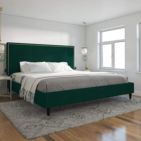 Gold Headboard, Letto King Size, Low Profile Platform Bed, Emerald Green Velvet, Cama King Size, Bed Price, Velvet Upholstered Bed, Cosmoliving By Cosmopolitan, Green Bedding