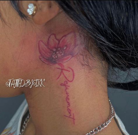 Tattoo By Ear Women, Baddie Tattoos Neck, Behind Ear Tats Black Women, Behind Ear Tattoo Black Women, Red Behind The Ear Tattoo, Dope Neck Tattoos Women, Neck Name Tattoos Women, Back Of The Ear Tattoos For Women, Tattoos Behind The Ear Meaningful